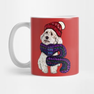 cavalier king charles spaniel in a knitted scarf,  white Cavapoo Cavoodle snug in a knitted scarf and beanie Mug